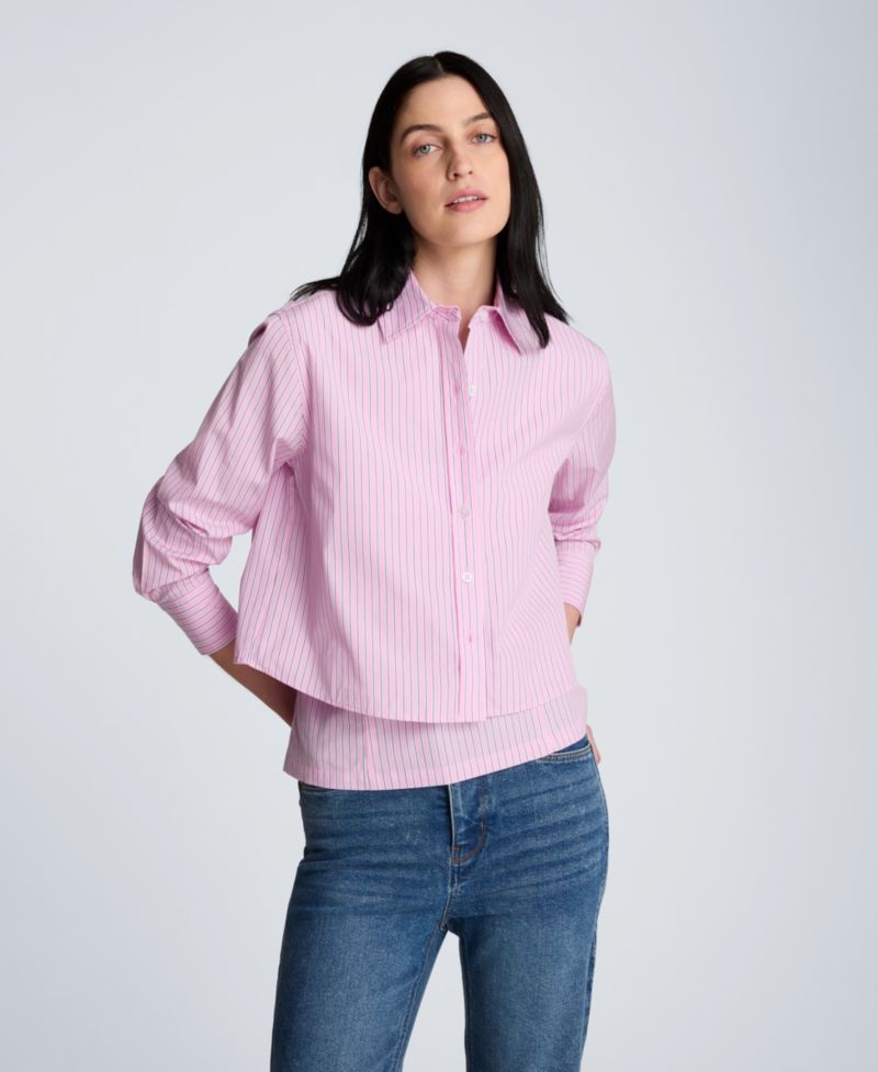 Striped Poplin Cropped Long Sleeve Button Front Shirt