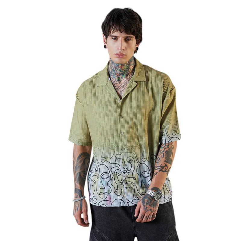 Men's Pistachio Green Faces-Ombre Oversized Shirt