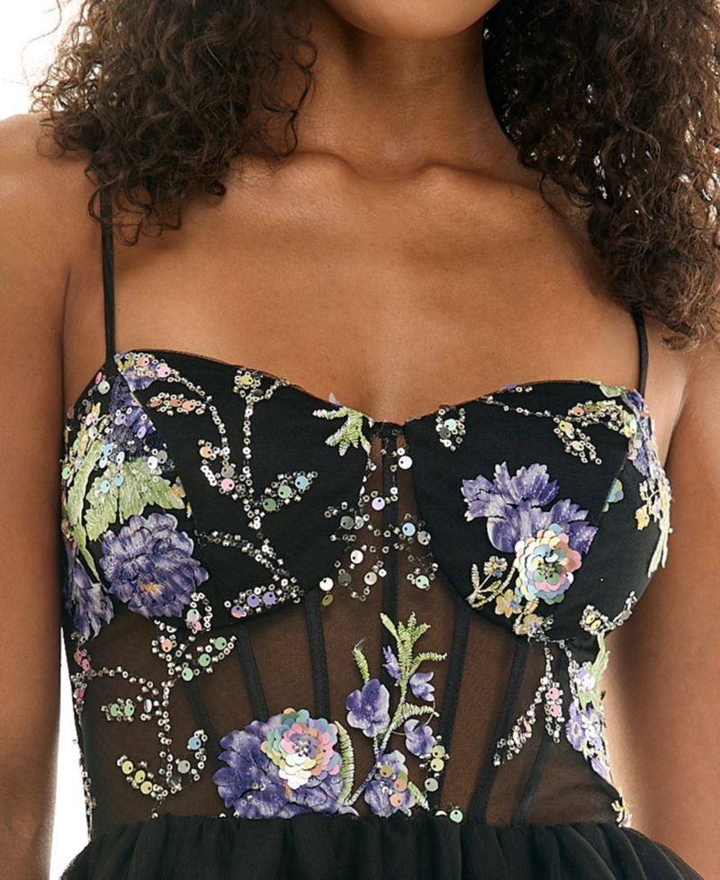 Juniors' Embroidered Illusion Corset Mini Dress with Tiered Skirt