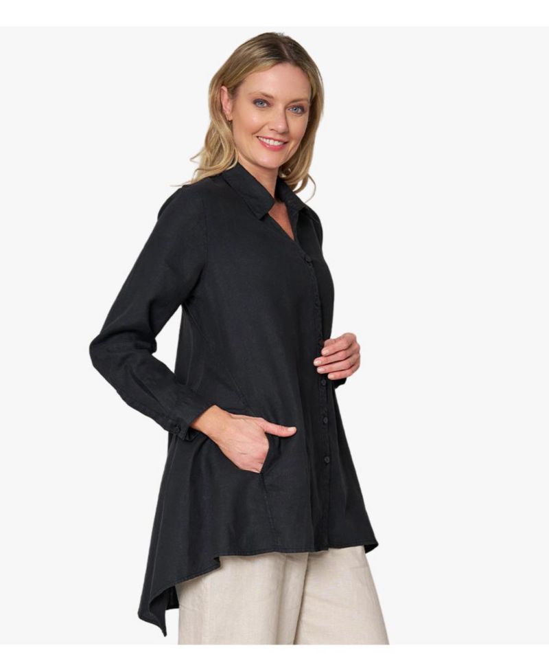Women's Linen Long Sleeve Collared V-Neck True Form Shirt