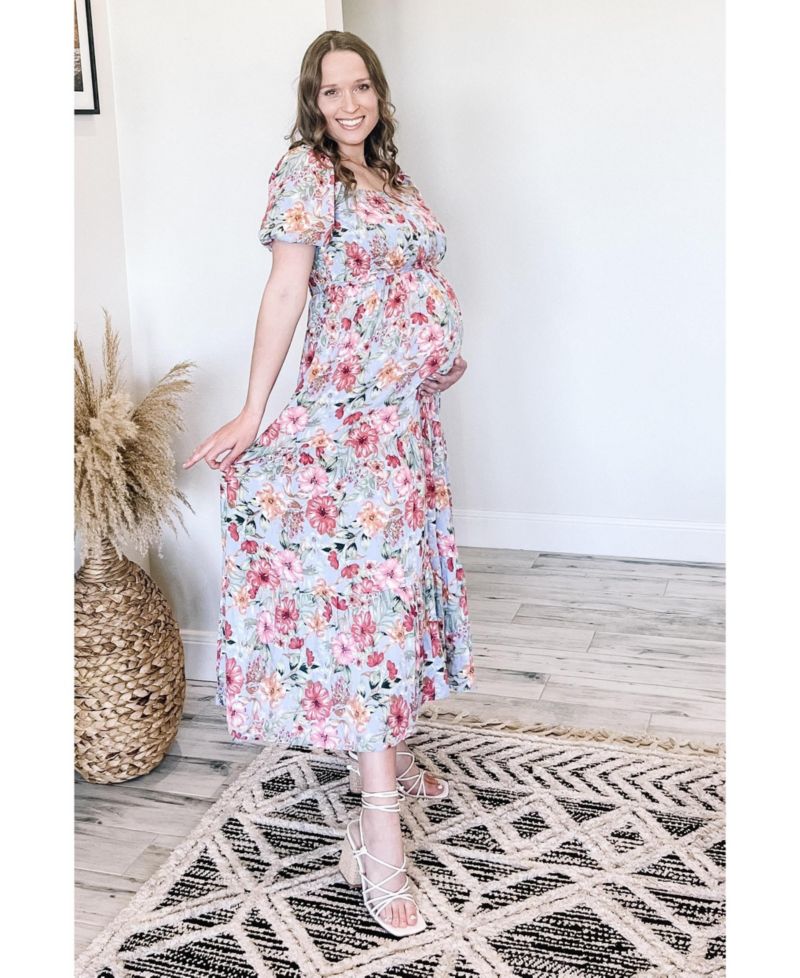 Women's Blue Floral Smocked Square Neck Tiered Maxi Dress