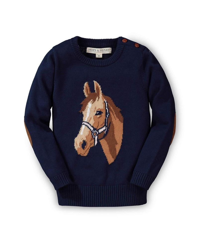 Baby Girls Hope and Henry Long Sleeve Intarsia Horse Sweater with Elbow Patches