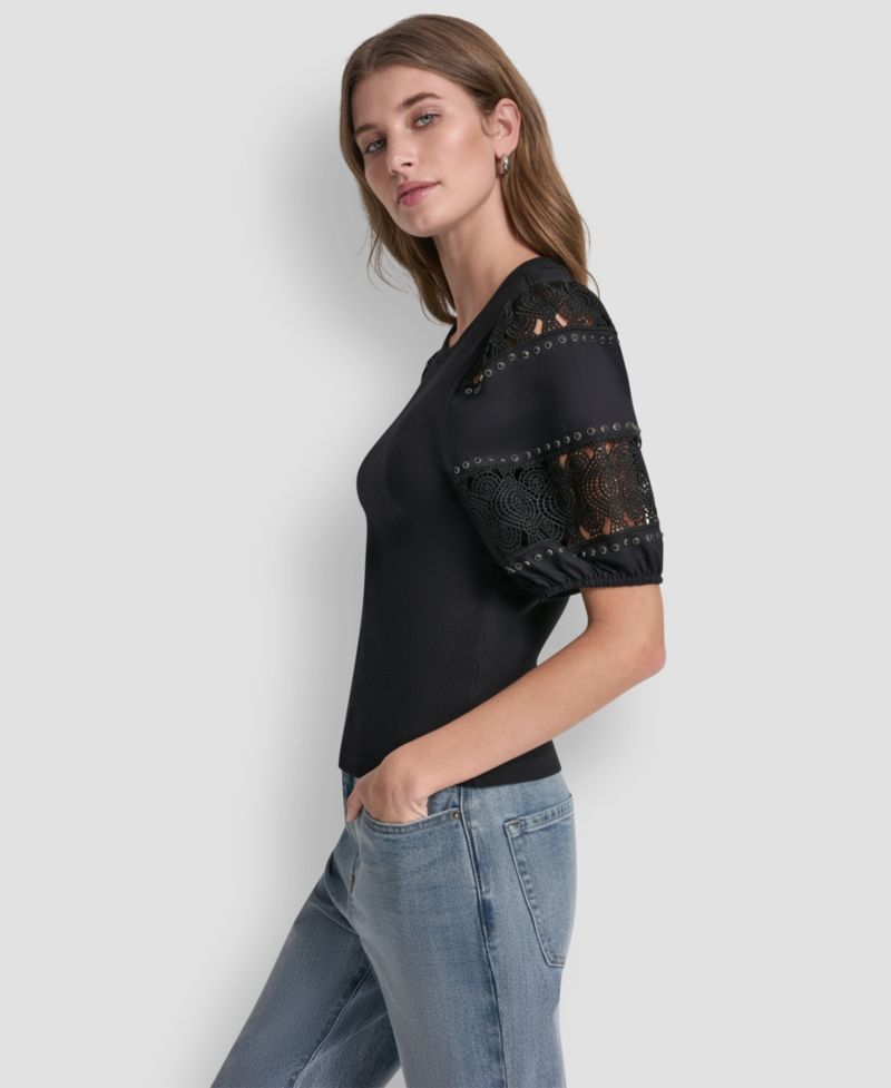 Petite Crew Neck Lace Eyelet Pull-On Top