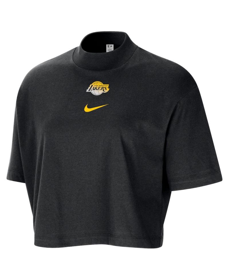Women's Black Los Angeles Lakers Courtside Mock Neck Loose Fit Cropped T-Shirt