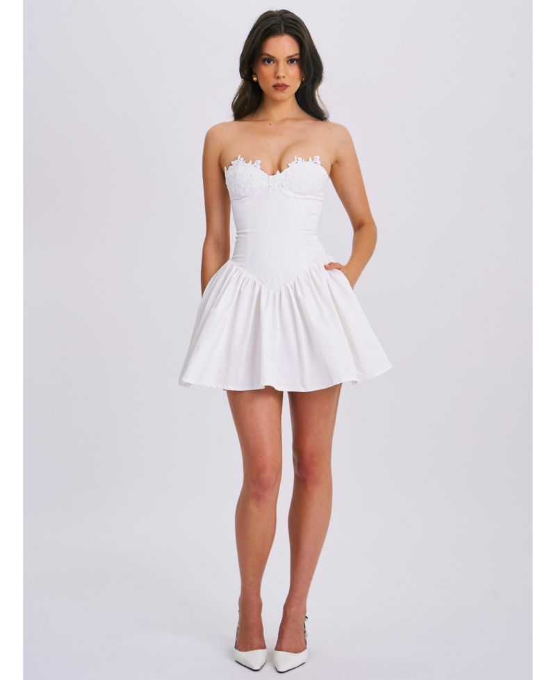 Women's Sacha White Lace Drop Waist Corset Puffy Mini Dress