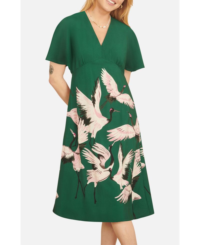 Women's Crane Print Kimono Midi Dress