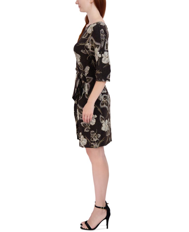 Plus Size Floral-Print Side-Knot 3/4-Sleeve Sheath Dress