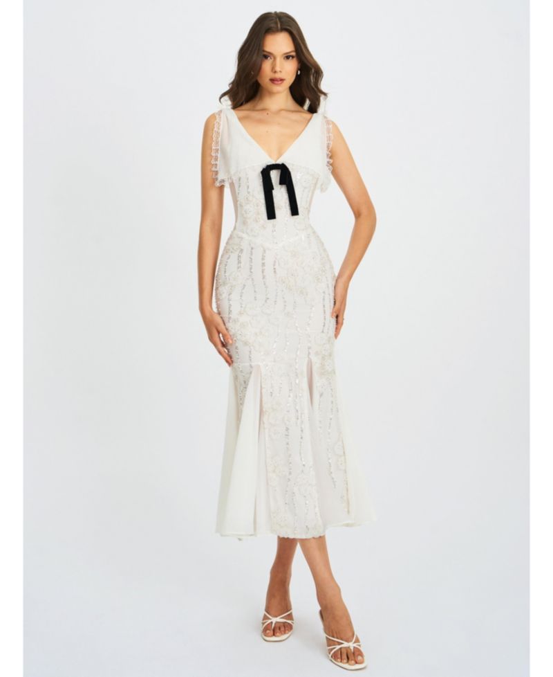 Women Paola White Peter Pan Collar Beaded Sequin Mermaid Midi Dress