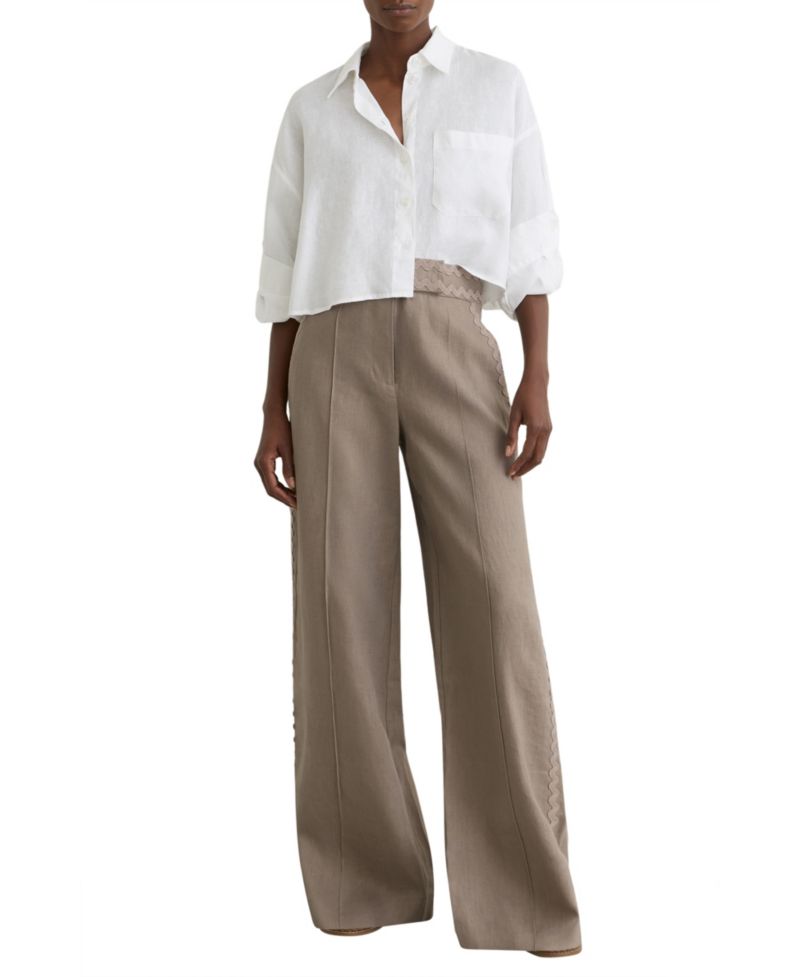 Women's Linen Wave-Trim Wide-Leg Pants