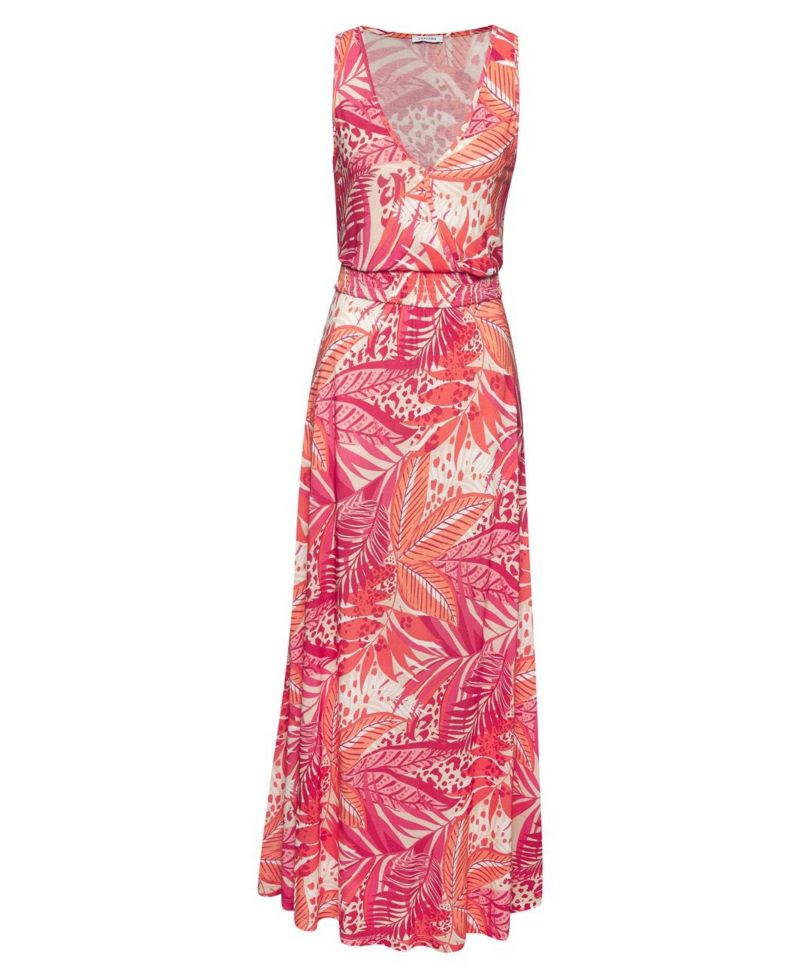 Women's Viscose Printed Smocked Waist A-Line V-Neck Maxi Dress