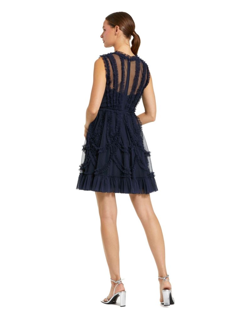 Women's Mesh Micro Ruffle High Neck Mini Dress