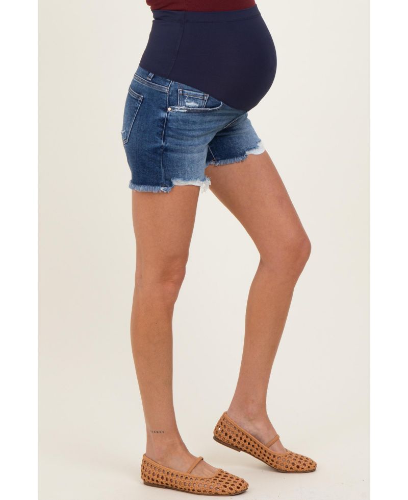 Women's Navy Distressed Fringe Hem Shorts