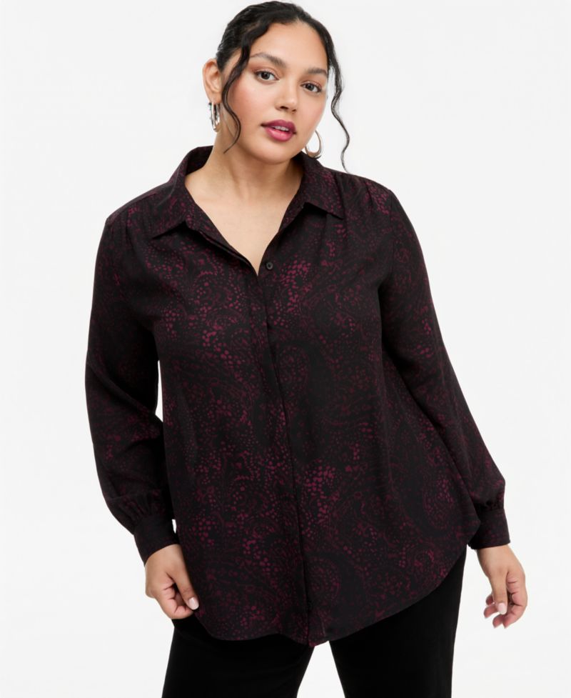 Plus Size Long-Sleeve Button-Up Collared Tunic