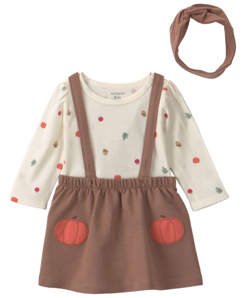 Baby Girls' Thanksgiving Crewneck Top, Sleeveless Dress and Headwrap, 3-Piece Set