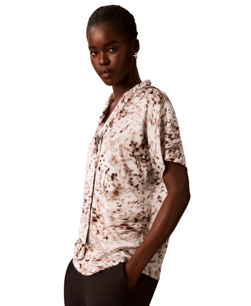 Women's Printed Flat Satin Tie-Neck Blouse