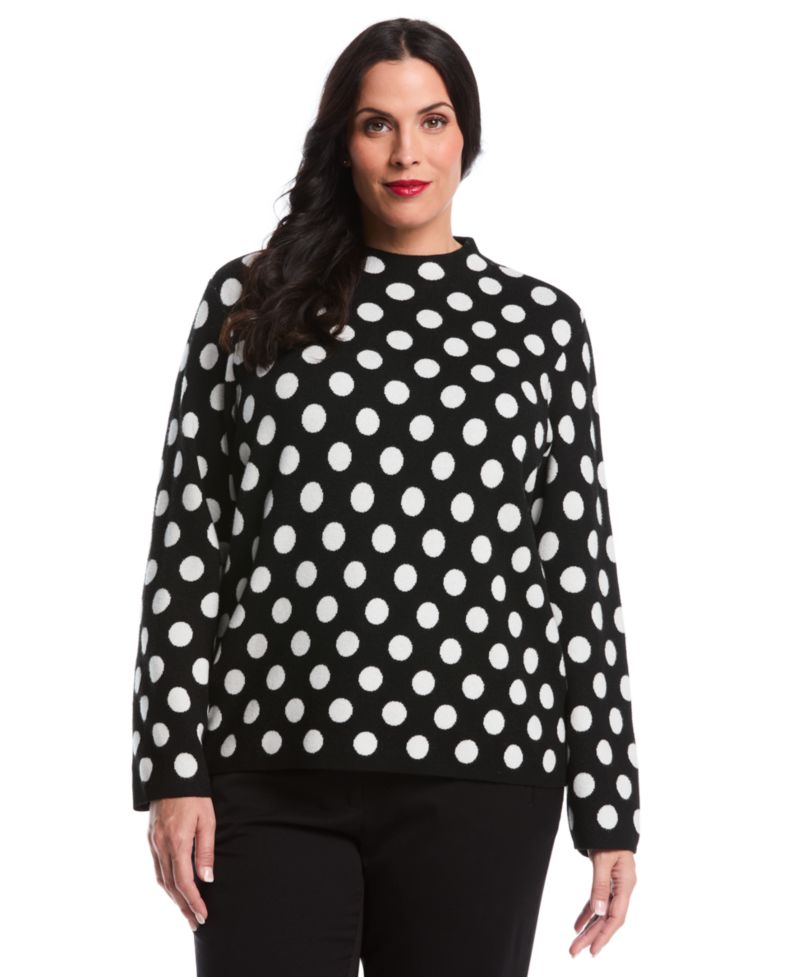 Women's Plus Size Dot Print Mock Neck Long Sleeve Sweater