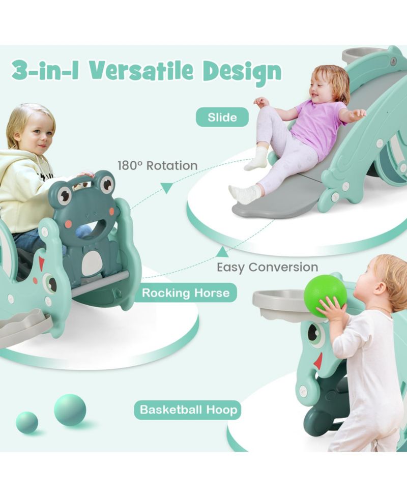 3-in-1 Kids Slide Rocking Horse Set Convertible Toddler Slide w/ Basketball Hoop Green