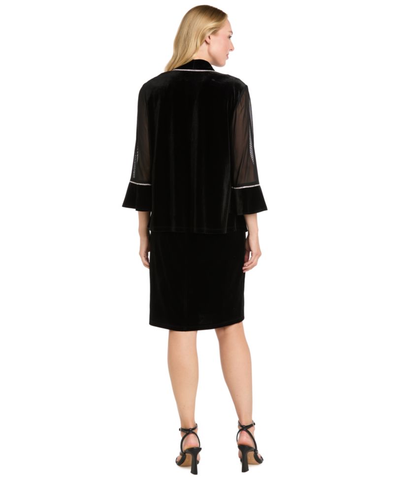 Women's Rhinestone Scoop Neck Velvet Jacket and Dress, 2-Piece Set