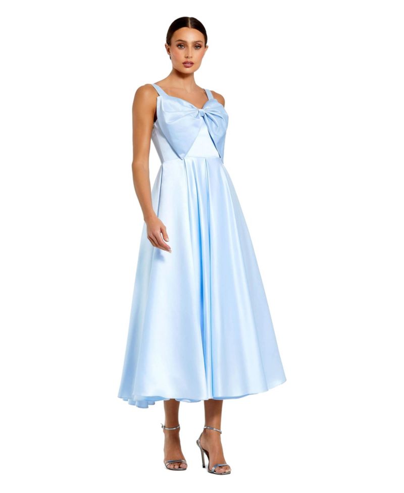 Women's Sleeveless Satin Midi Dress with Bow Detail