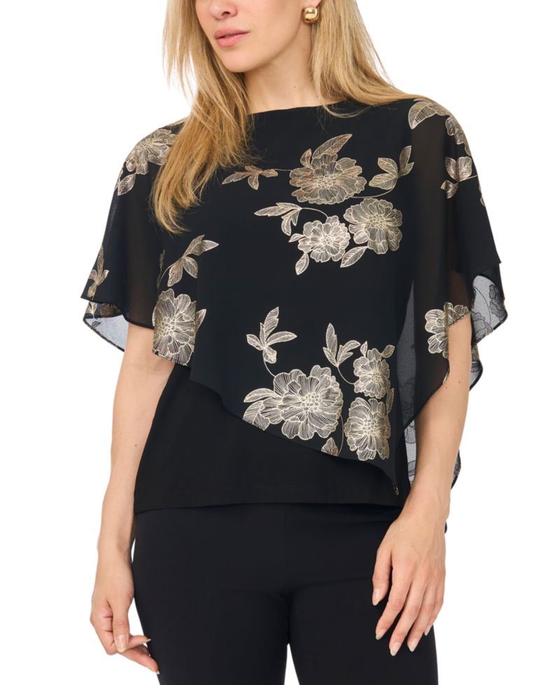 Petite Combo Overlay Asymmetrical Floral-Metallic Top