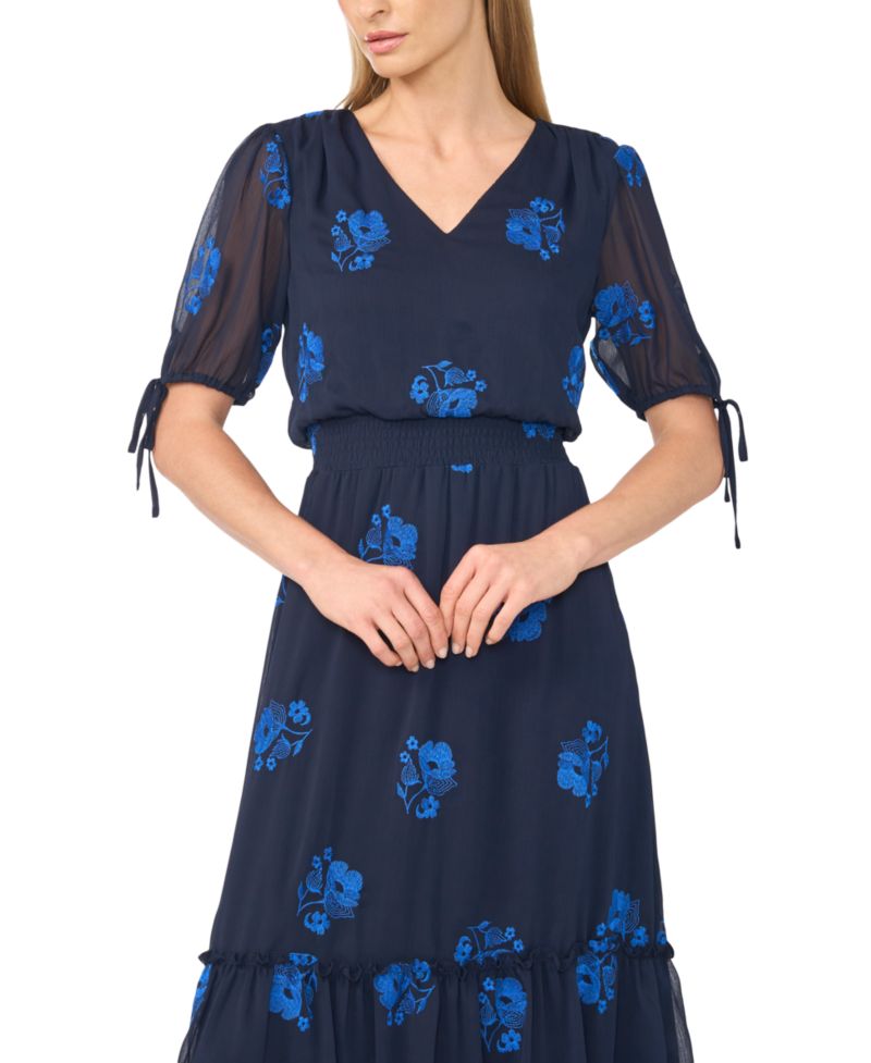 Women's Floral-Print V-Neck Smocked Waist Midi Dress