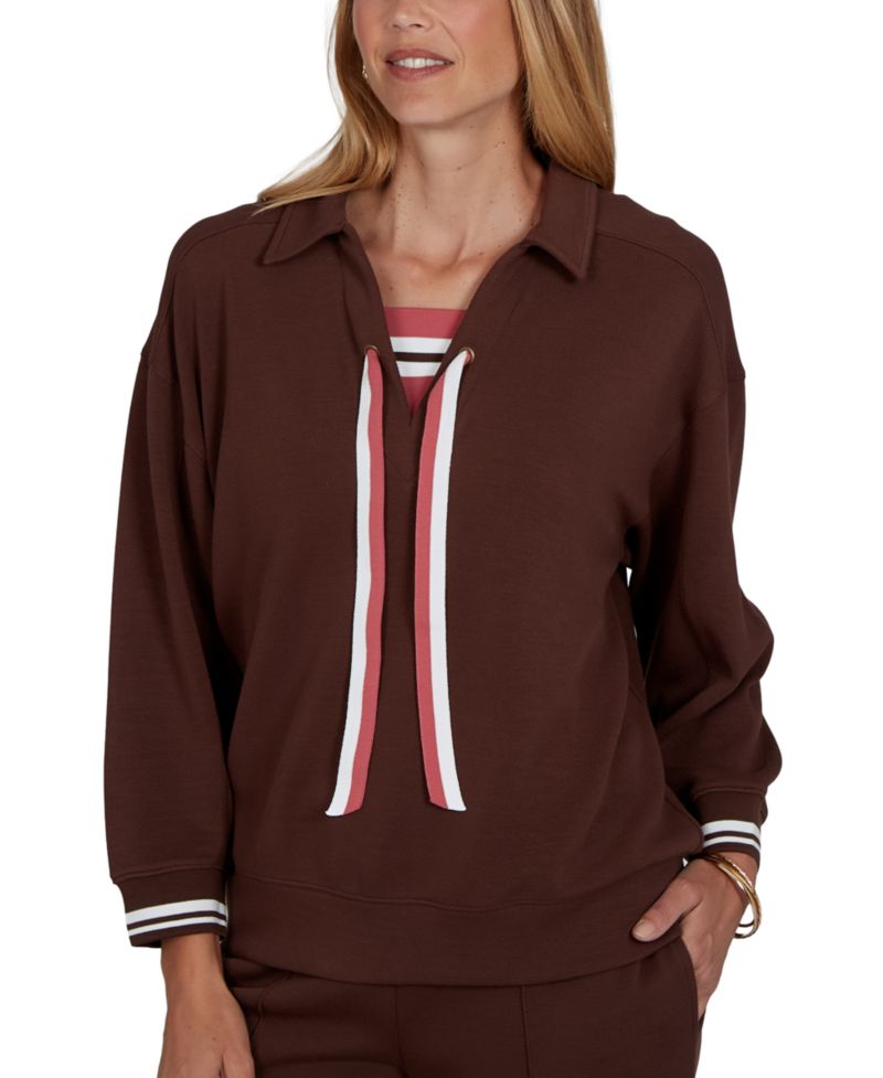 Petite Drawstring Stripe-Trim 3/4-Sleeve Pullover Top