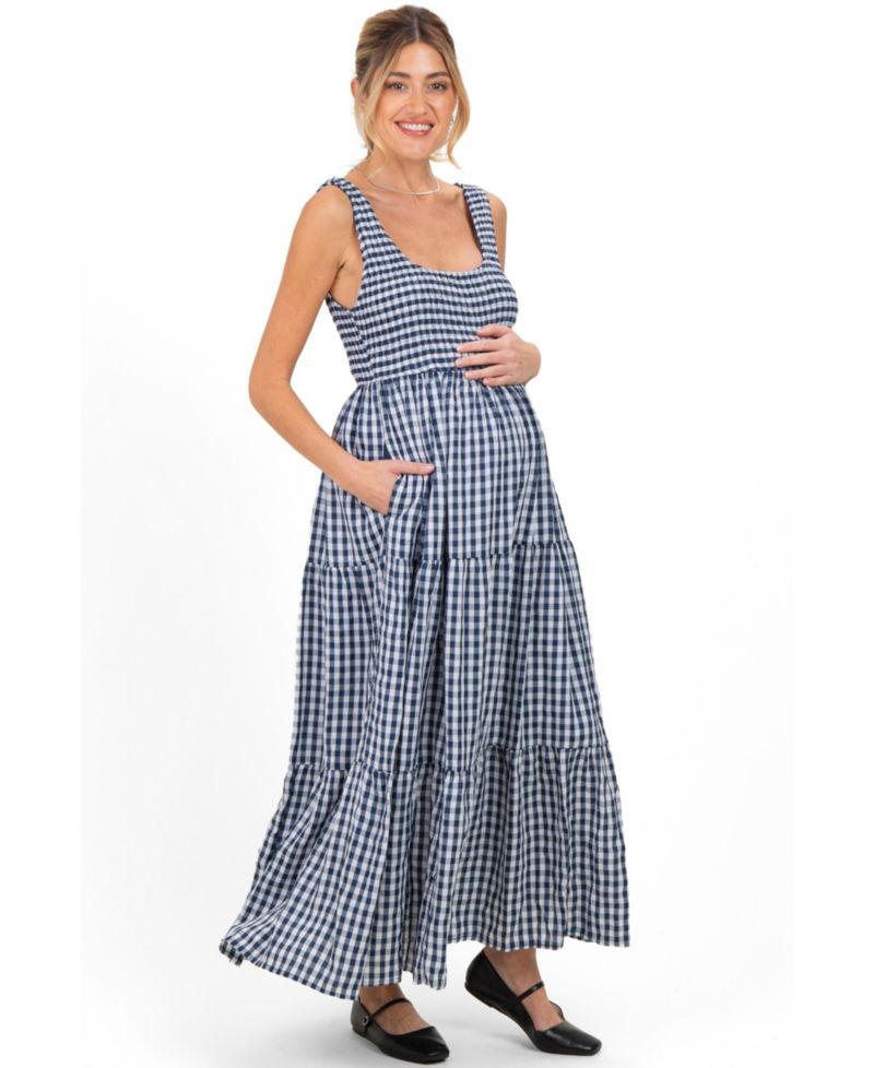 Maternity Blue Gingham Sleeveless Tiered Maxi Dress