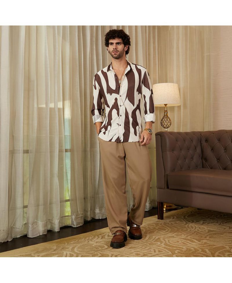 Men's Chocolate Brown & Daisy White Contour-Lines Pleated Shirt
