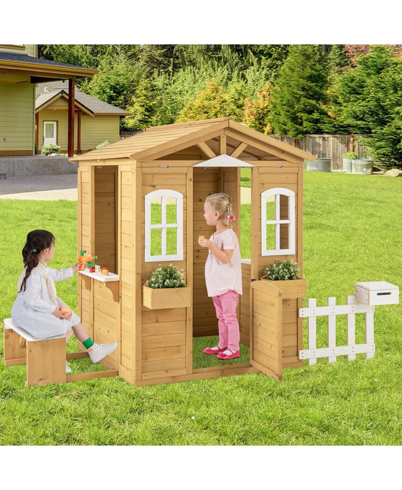 Wood Playhouse for Kids Outdoor Adventures Cottage w/ Bench Play Game Center