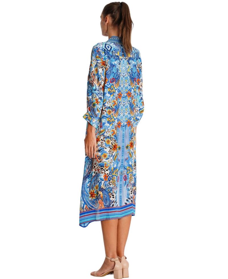 Women's Midi Summer Dress with Collared Neck, Short Sleeves, and Side Slits