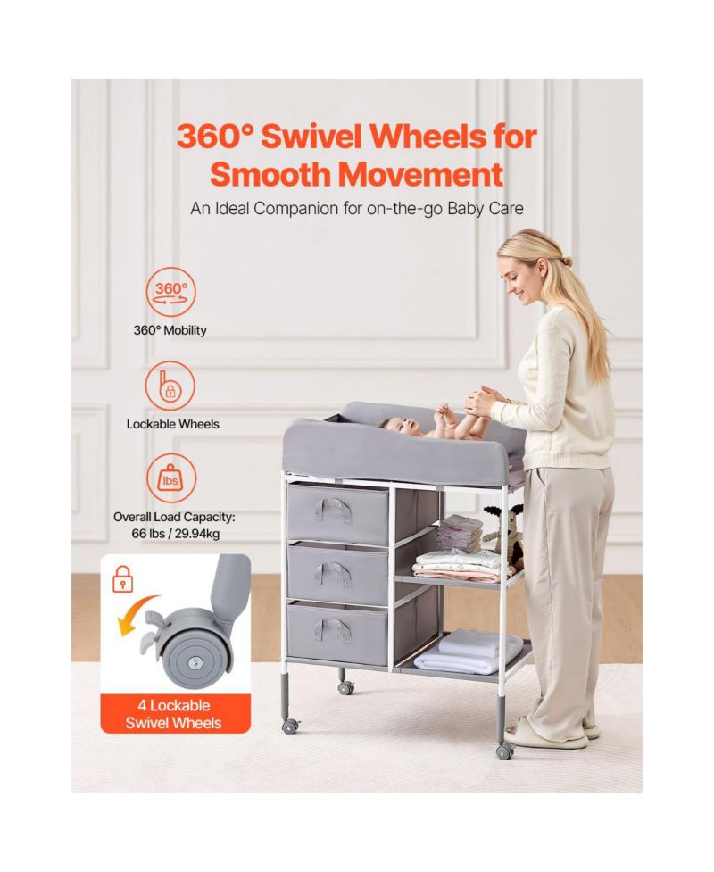 Portable Baby Changing Table with 3 Drawers and Wheels, Diaper Change Station