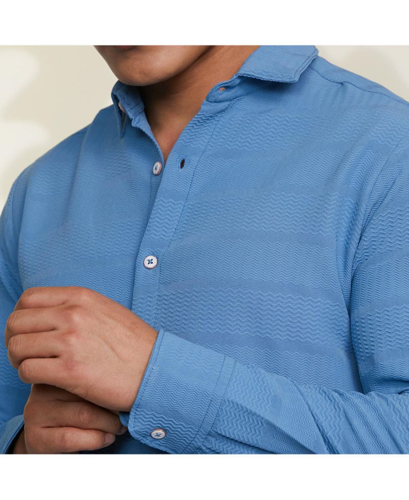 Men's Sky Blue Chevron-Textured Shirt