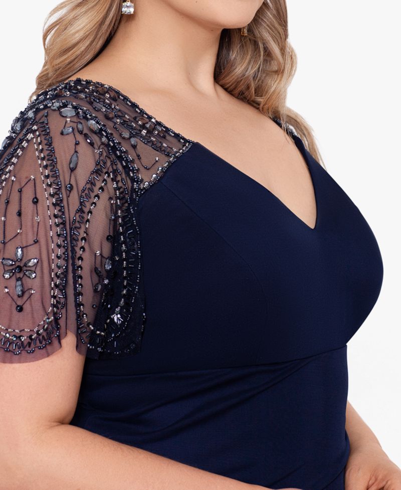 Plus Size Embellished Sheer Matte Jersey Gown