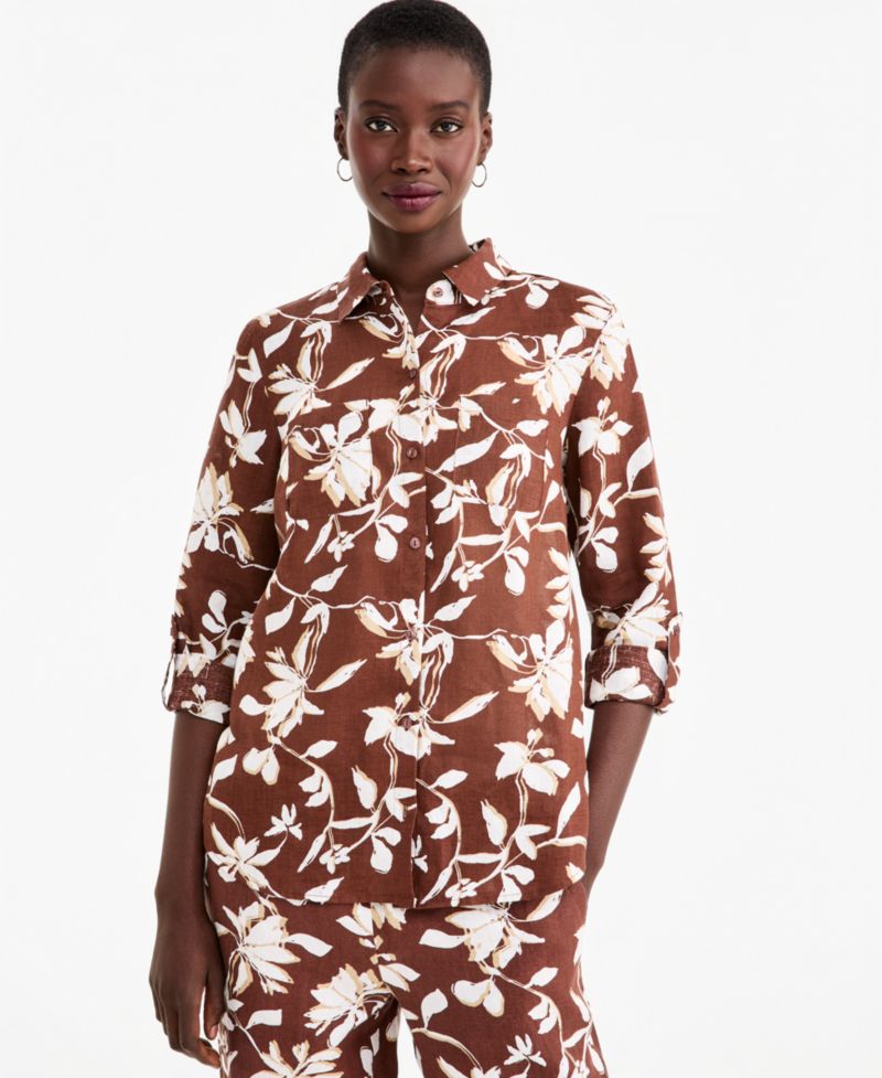 Petite Linen Floral-Print 3/4-Sleeve with Roll Tabs Top