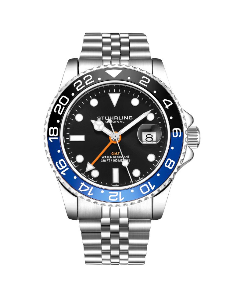 Meridian 3968 Men s GMT Diver Watch - Quartz Movement, 42mm Stainless Steel Case, Black Dial, Blue/Black Bezel