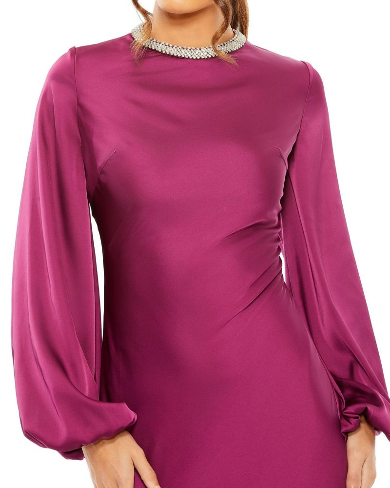 Women's Beaded High Neck Bishop Sleeve Satin Gown