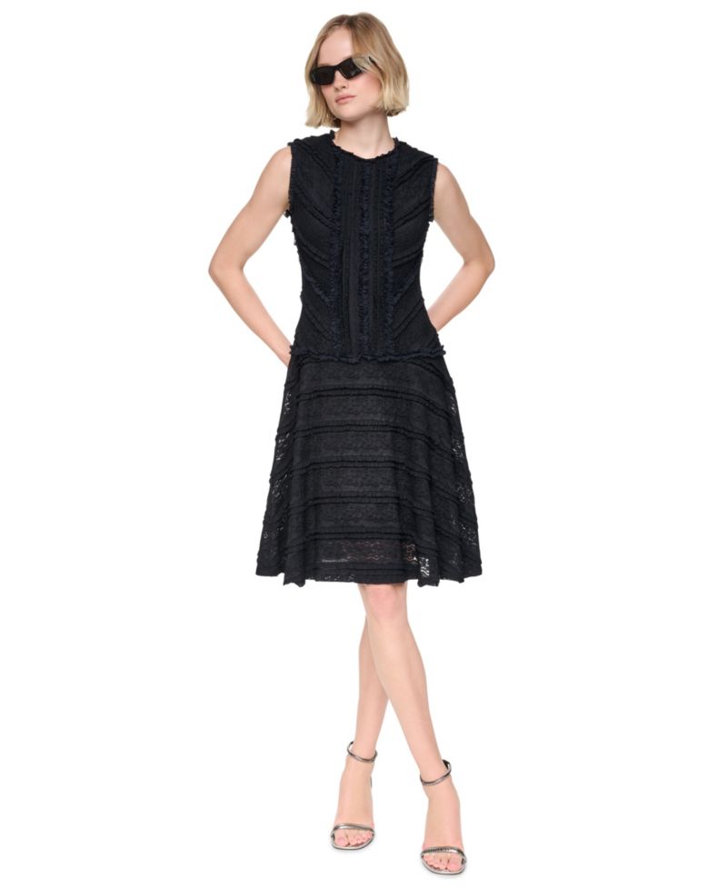 Women's Jewel Neck Ruffle Hem Fit-and-Flare Lace Dress