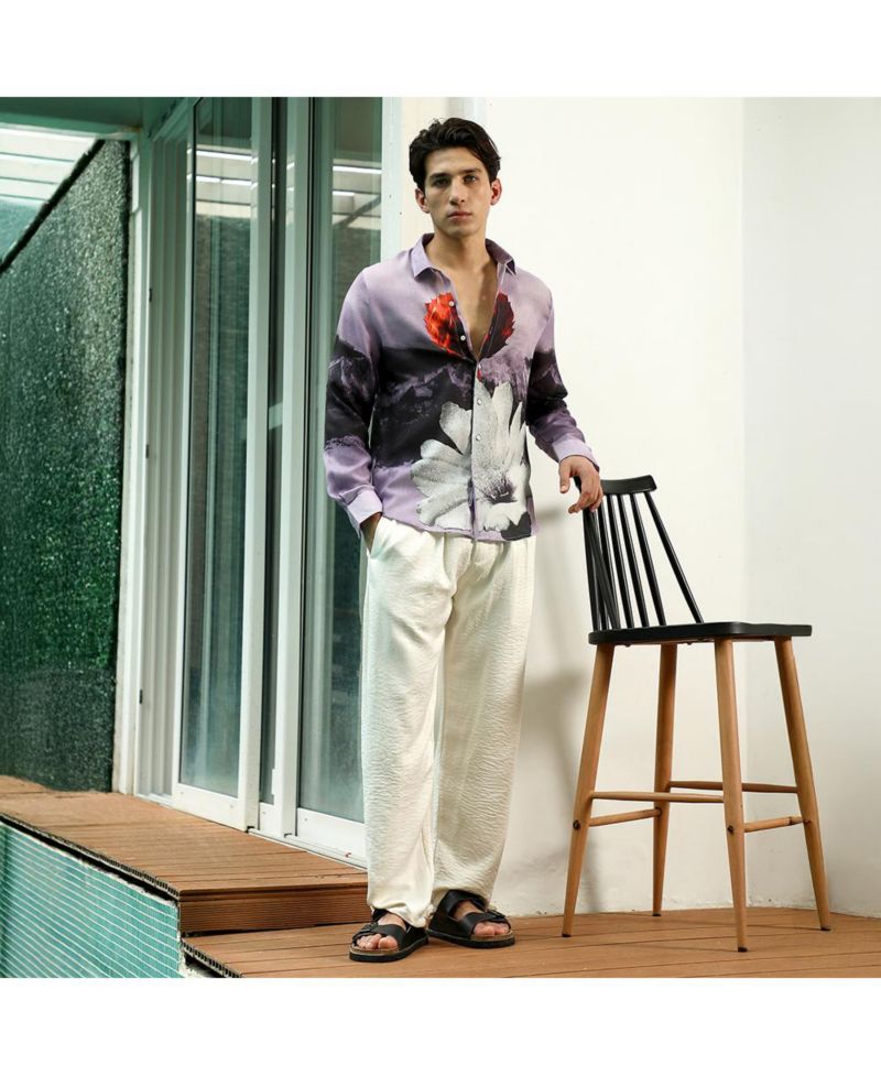 Men's Purple Floral Printed Shirt With Spread Collar