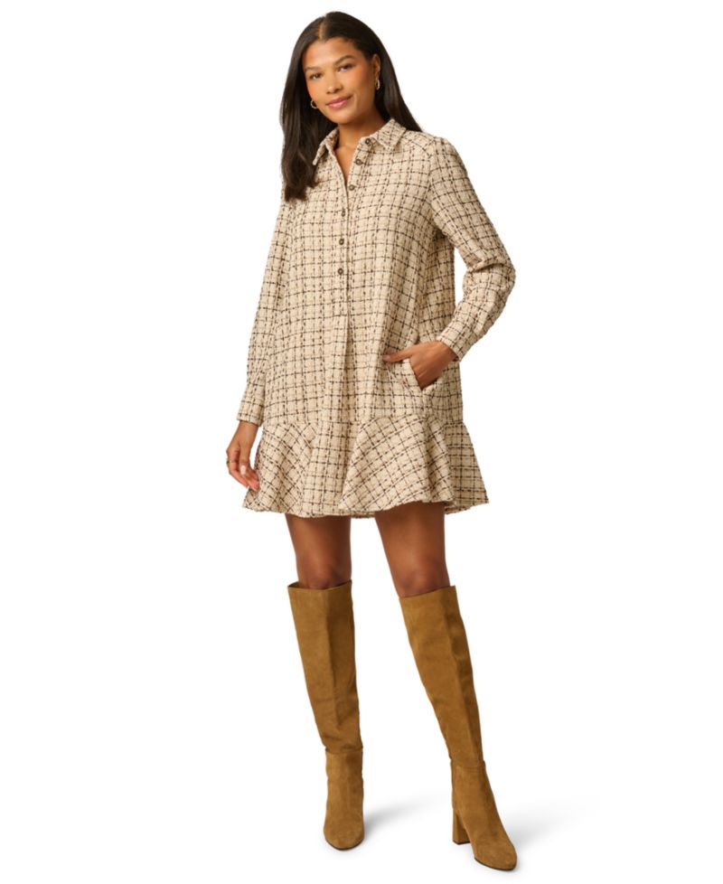 Women's Hailey Tweed Long-Sleeve Ruffled-Hem Shirt Dress