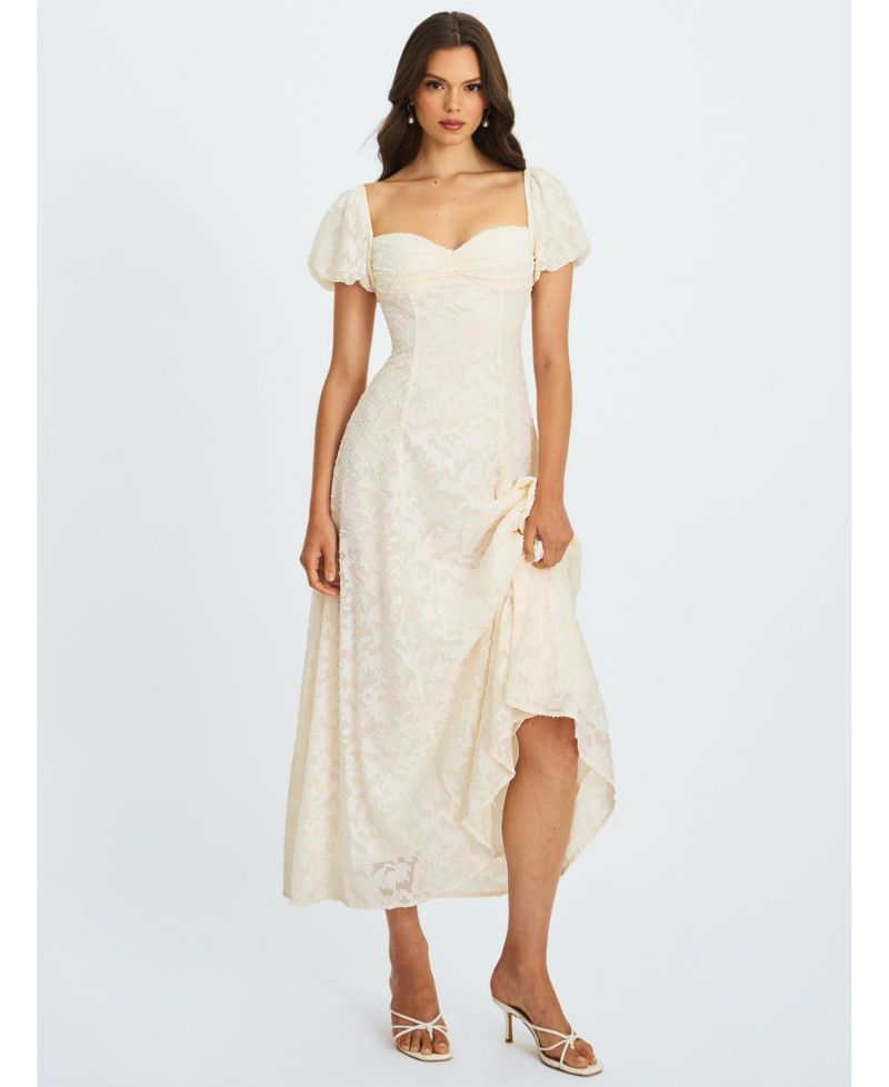 Women Pandora White Bubble Sleeve Backless Maxi Dress