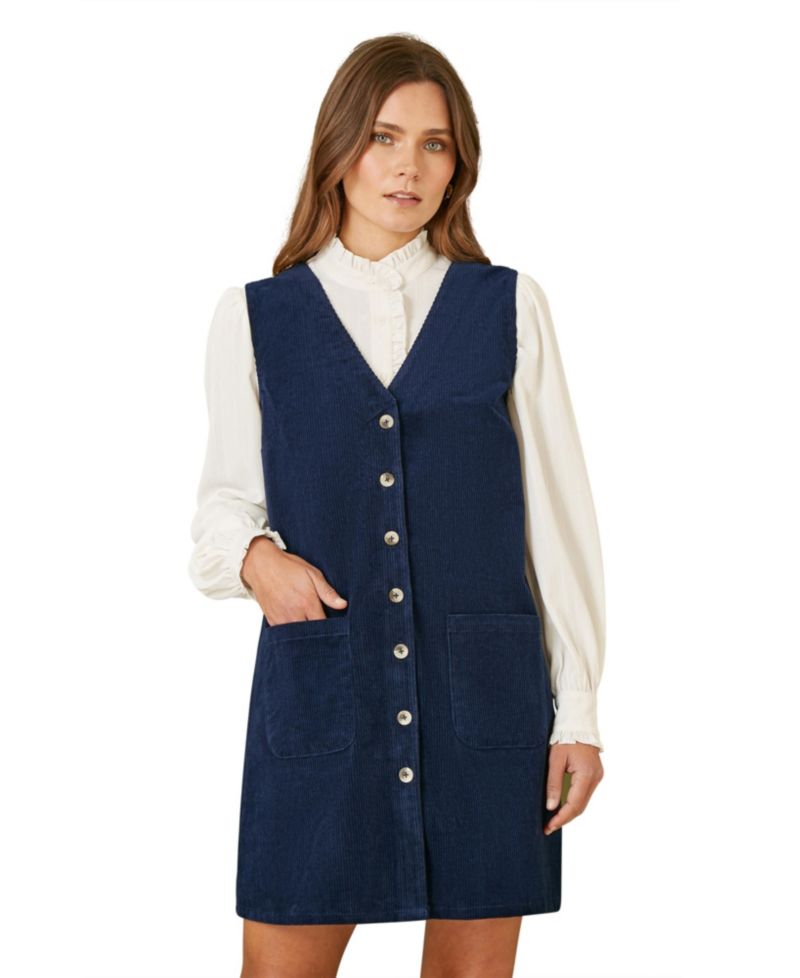 Women's V-Neck Cord Pinafore Dress