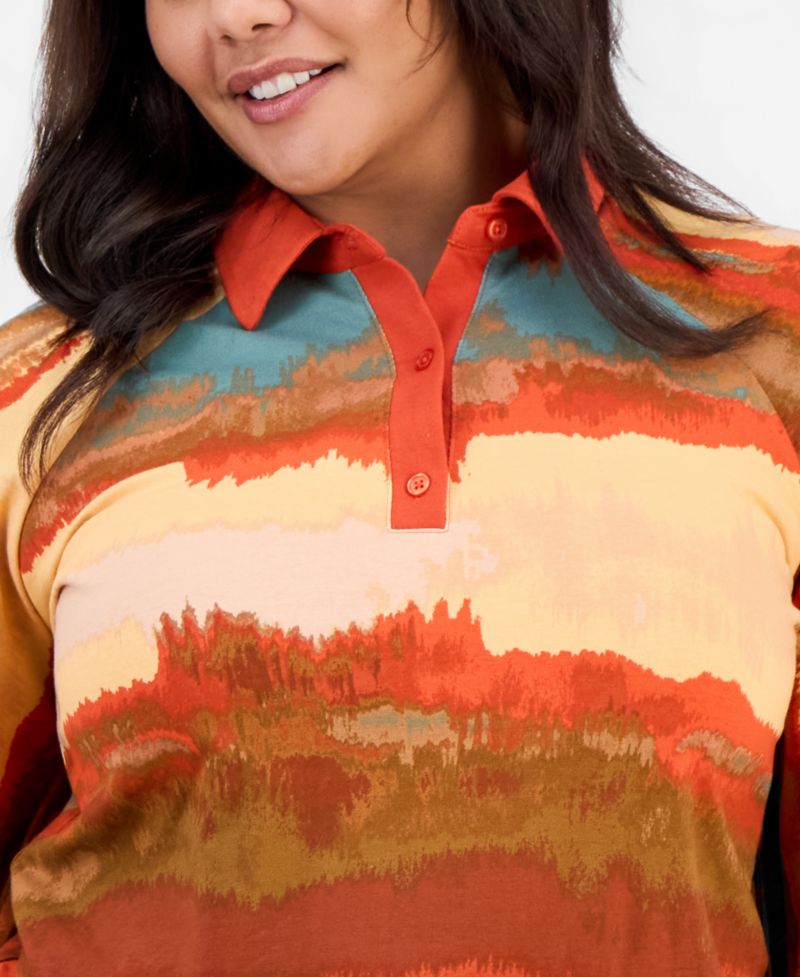 Plus Size Long-Flare-Sleeve Knit-to-Woven Polo Shirt