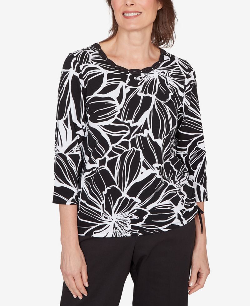 Women's Classic Floral Linework Side Tie Ruched Top