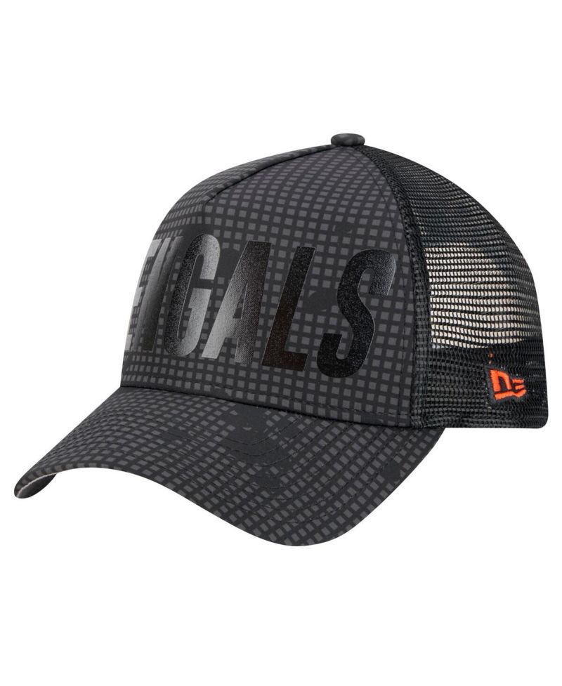 Men's Black Cincinnati Bengals Midnight Ink Tonal Text A-Frame Trucker 9FORTY Adjustable Hat