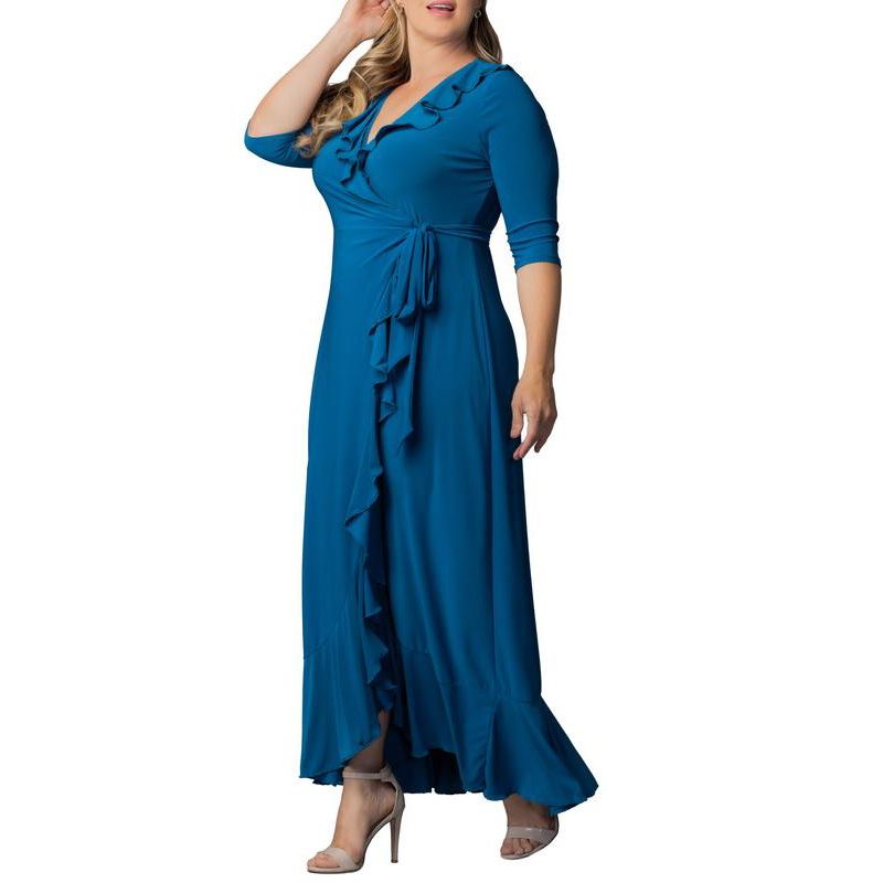 Plus Size Maritime Ruffle Maxi Dress with Sleeves