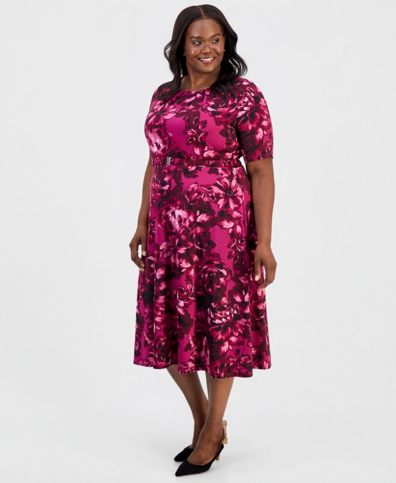 Plus Size Pleated Belted Fit & Flare Dress