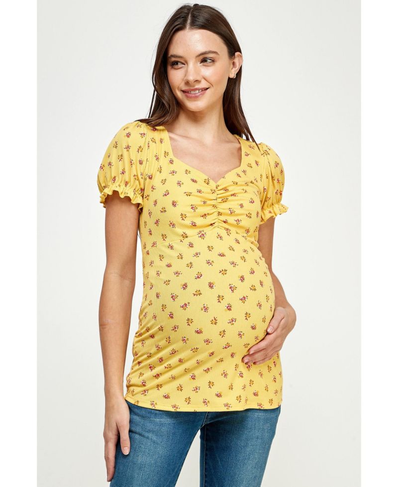 Maternity Ribbed Floral Ruched Front Puff Sleeve Top