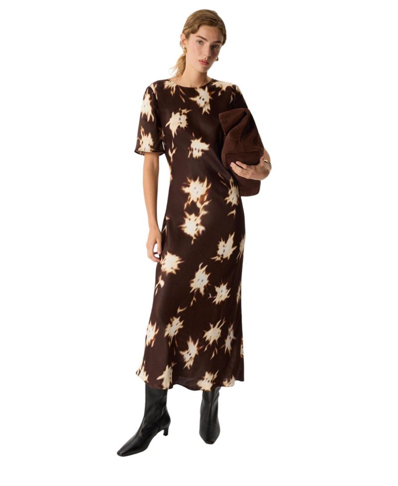 Women's Shadow Floral Satin Short-Sleeve Midi Dress