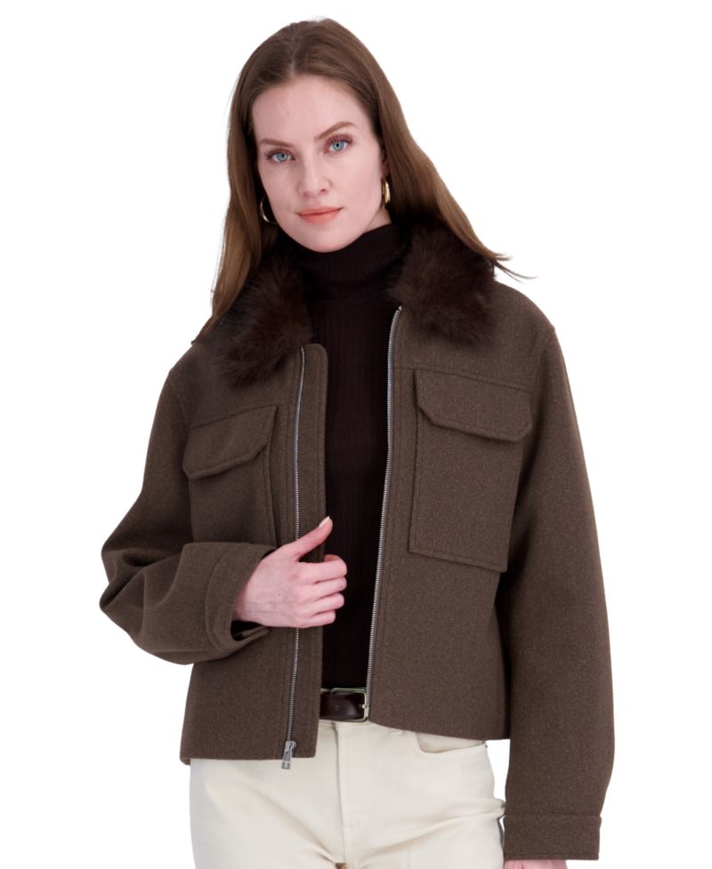 Women's Detachable Faux-Fur Collar Cropped Coat