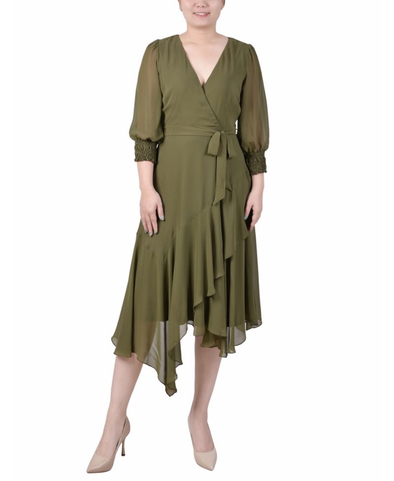 Women's 3/4 Sleeve Belted Chiffon Handkerchief Hem Dress